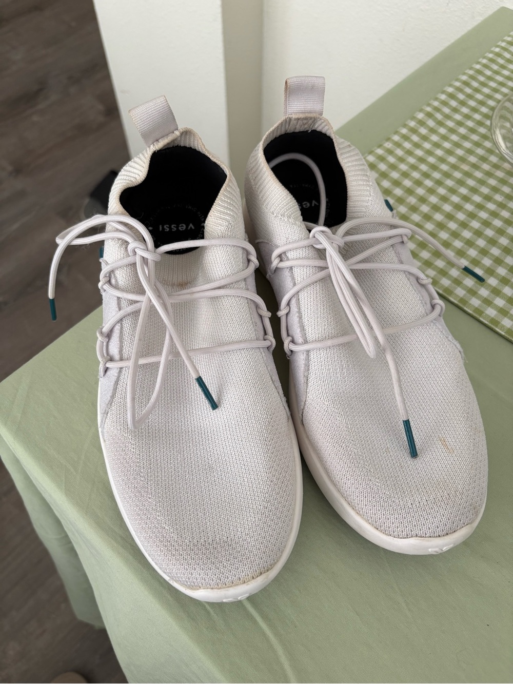 Vessi Women's Sneakers in Light Beige with Teal Accents